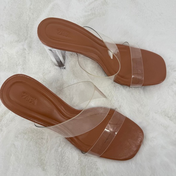 ZARA Women Transparent Clear Strap Block Heel Mules Tan Size 37 US 6.5 - Picture 7 of 8